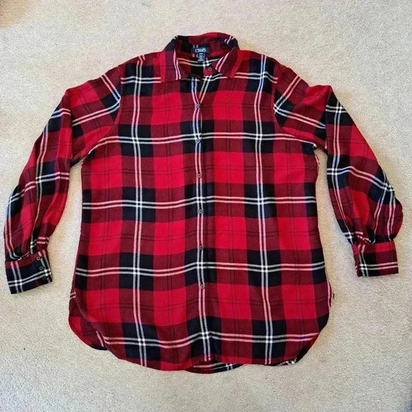 Chaps Ladies Red Plaid Shirt Medium Blouse Lightweight Red Black White Tunic - Picture 10 of 14